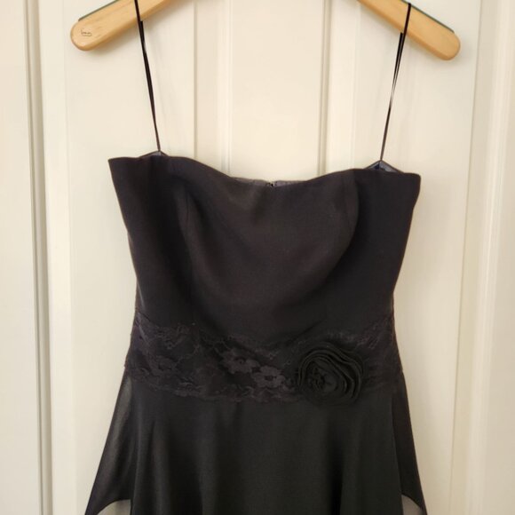 Liz Claiborne black Strapless Chiffon Dress Lace Rose Fairy Whimsigoth Dark Boho - Picture 3 of 15